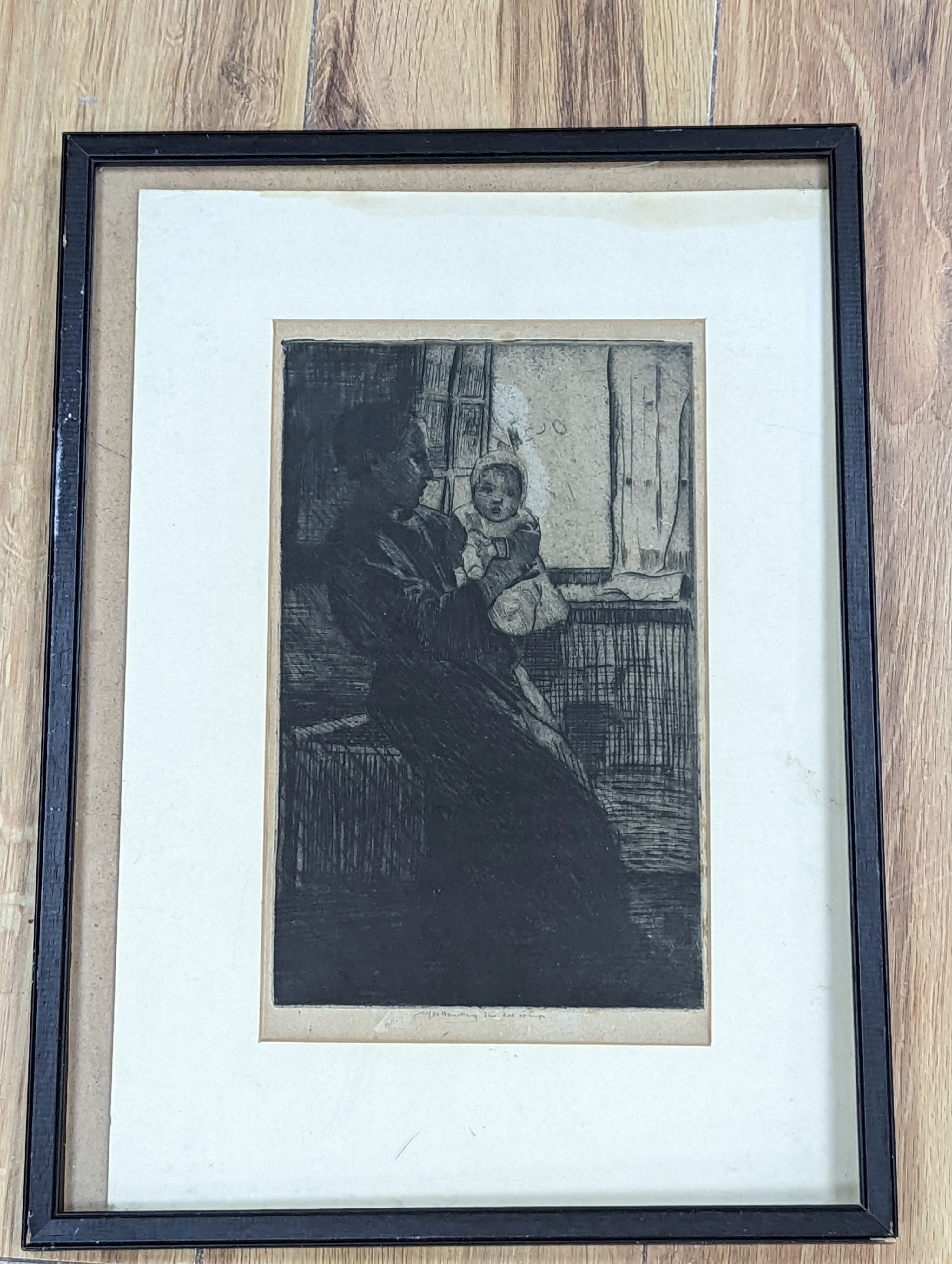 William Lee Hankey (1869-1952), drypoint etching, Interior with mother and child, signed in pencil, 25 x 15cm